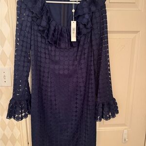 Chic Navy Blue Polka Dot Dress with Ruffle Accents